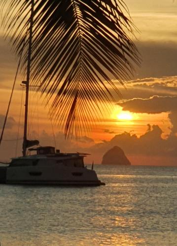 a boat in the ocean with a sunset in the background at TI OASIS Margarita Studio piscine et plage à P&Vac Village-Club in Bellevue