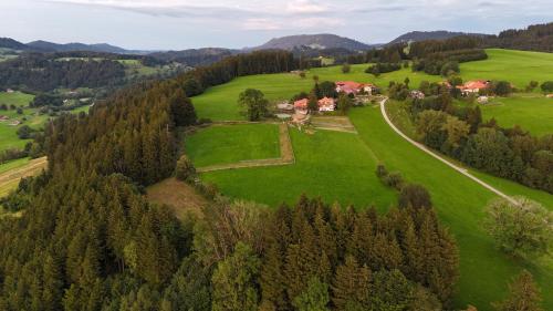 an aerial view of a house in a green field at Gronewald's Mountain View Holidays in Grünenbach