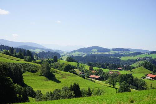 a green valley with houses and trees on a hill at Gronewald's Mountain View Holidays in Grünenbach