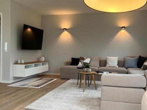 Una sala de estar con un sofá y un televisor. en Ferienhaus Reethauszeit, en Dranske
