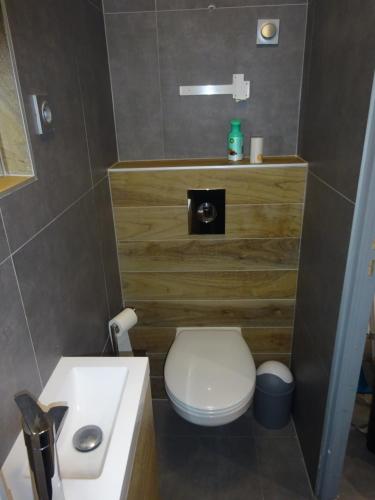 une salle de bain avec des toilettes blanches et un lavabo dans l'établissement studio a 2 mins du palais de la musiques et des congrès, à Strasbourg