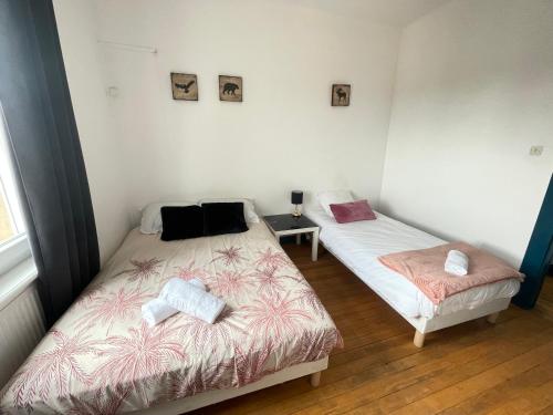 une chambre avec deux lits avec des serviettes dessus dans l'établissement L'Avenue 6 Lits Wifi Parking Un Séjour à Part, à Metz