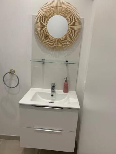 une salle de bain blanche avec un lavabo et un miroir dans l'établissement Location appartements 2 pièces, aux Pennes-Mirabeau