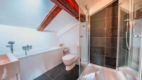 une salle de bain avec toilettes, douche et lavabo dans l'établissement Le Hameau de Taconnaz - Calme - Charme, aux Houches