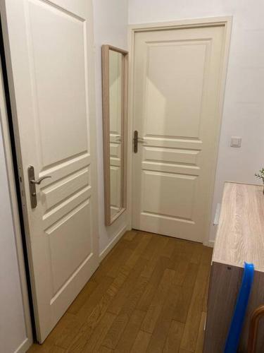 une chambre vide avec deux portes blanches et du parquet dans l'établissement Appt Calme Montreuil limite Vincennes Paris, à Montreuil