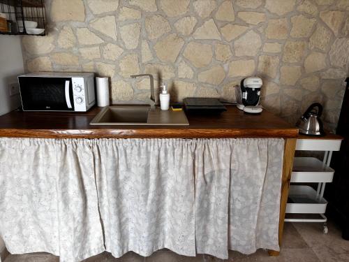 un comptoir de cuisine avec un évier et un micro-ondes dans l'établissement Studio Avec jardin privé, à Bergerac