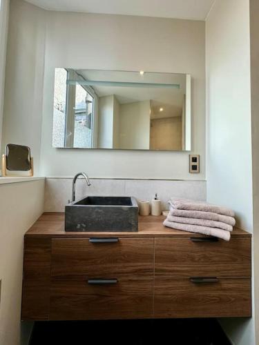 une salle de bain avec un lavabo et un miroir dans l'établissement Bel appartement climatisé en plein cœur de Lille, à Lille