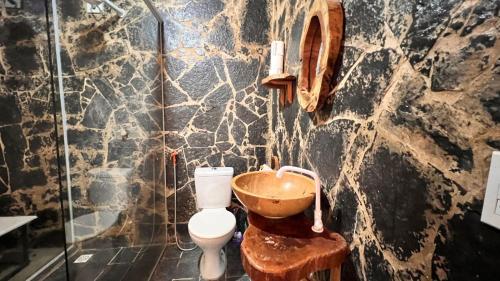 a bathroom with a wooden sink and a toilet at Casa Meraki-Cajueiro da Praia-PI in Cajueiro