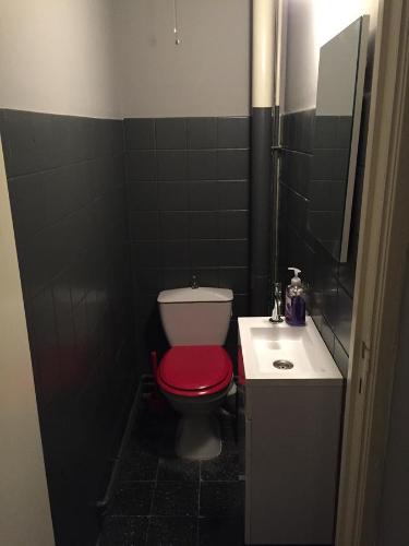 a bathroom with a red toilet and a sink at Studio Peralta in Liège