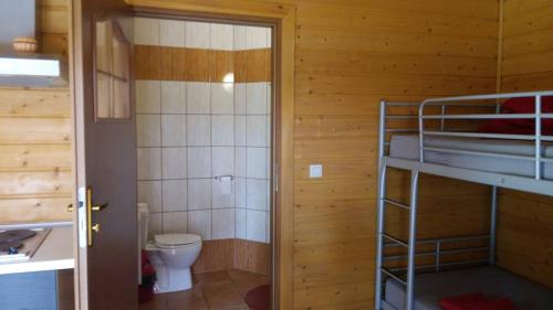 a bathroom with a bunk bed and a toilet at Kemping Nad Drzewiczką in Drzewica