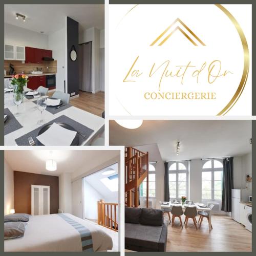 un collage de photos d'une chambre et d'un salon dans l'établissement L'Éclat Travot Central Lumineux Vue Sublime, à Cholet