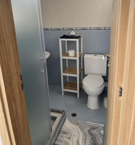 a small bathroom with a toilet and a sink at Trinity House in Obrochishte