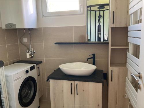 a bathroom with a sink and a washing machine at Familienparadies am Stadtrand in Rustenfeld