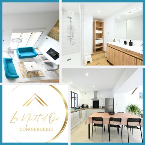 un collage de photos d'une cuisine et d'une salle à manger dans l'établissement L'Échappée Belle Élégance, Familiale, Conviviale, à Torfou