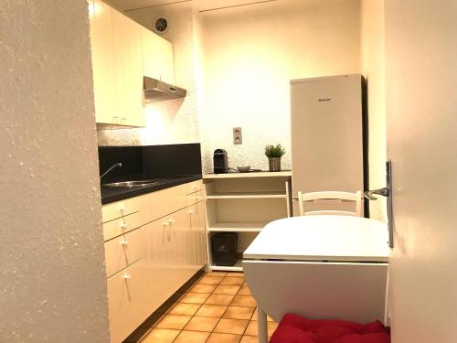 Elle comprend une petite cuisine avec des placards blancs et un réfrigérateur. dans l'établissement LE CENTRE - Hypercentre - Face Parcs & Opéra - Proche Thermes, à Vichy