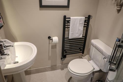 a bathroom with a white toilet and a sink at Bridge End Hotel in Llangollen