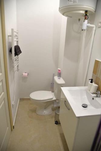 une salle de bain blanche avec des toilettes et un lavabo dans l'établissement Casa Azul, hyper centre - Cours Julien - 4 personnes, à Marseille