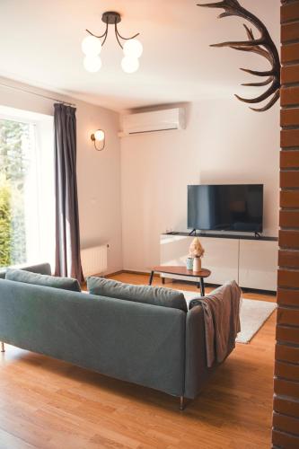 a living room with a couch and a tv at Garden View Apartment in Cēsis