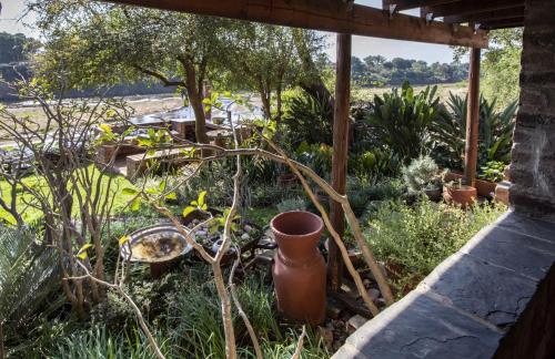 a garden with pots and plants in a yard at Hennie's Rest in Malelane