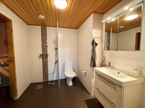 a bathroom with a toilet and a shower and a sink at Transit Rooms & Sauna Airport Hostel in Vantaa
