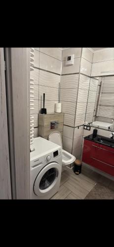 a bathroom with a washing machine and a toilet at Family Apartament in Zamość