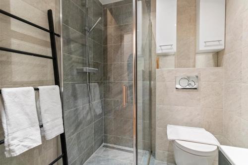 a bathroom with a shower and a toilet at Magnifique appartement avec piscine in Crans-Montana