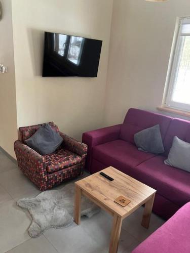 a living room with a purple couch and a coffee table at Domek Zielona Sowa in Siemianówka