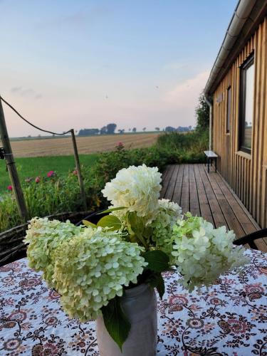a vase filled with white flowers sitting on a table at Dijksterhuisje in Pieterburen