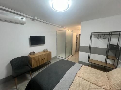 a bedroom with a bed and a tv and a chair at Хостел Житомир GREEN HOUSE in Zhytomyr