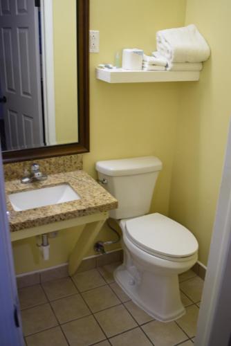 a bathroom with a toilet and a sink and a mirror at White Oaks Motel Pennsville/Carneys Point in Pennsville
