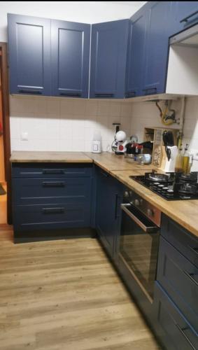 a kitchen with blue cabinets and a stove at Appartement calme en rdc in Vila Verde