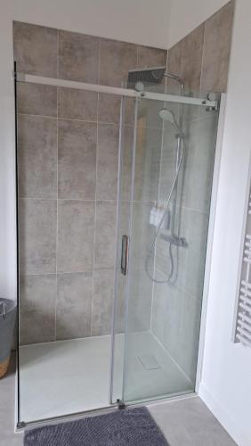 une douche avec une porte vitrée dans une salle de bain dans l'établissement Appartement Miami près de Douai, à Flers-en-Escrebieux