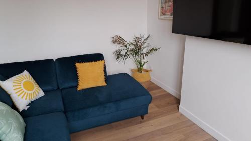a blue couch in a living room with a plant at Appartement Miami près de Douai in Flers-en-Escribeus
