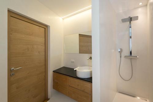 un bagno con lavandino e doccia di Chalet Merangardenvilla a Merano