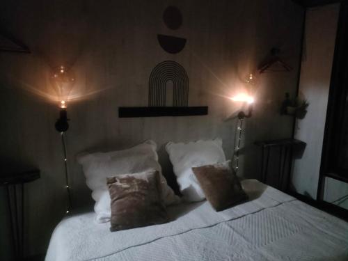 a bedroom with a white bed with two pillows at 2CH 4pers matelas M de Forme Kitchenette SDB WC au calme côté jardin in Tulle
