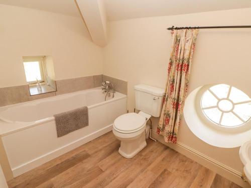 a bathroom with a toilet and a tub and a sink at Clearbrook Lodge in Carmarthen