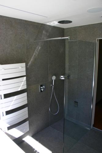 a bathroom with a shower with a glass door at Rumwaldhof - Wohnung Calendula in Solda