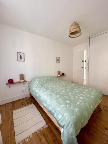 a bedroom with a green bed in a room at Logement cosy et jardin in Saint-Laurent-en-Royans