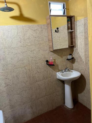 a bathroom with a sink and a mirror at Los Cactus Planta Alta in La Rioja