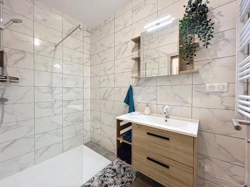 une salle de bain avec un lavabo et une douche dans l'établissement Le K - Mulhouse Centre, à Mulhouse