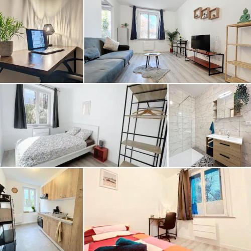 un collage de photos d'un salon et d'une chambre dans l'établissement Le K - Mulhouse Centre, à Mulhouse