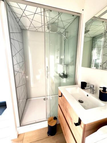 a bathroom with a shower and a sink at Coquette maisonnette - Vue Jet d'eau - Lac Léman in Bossey