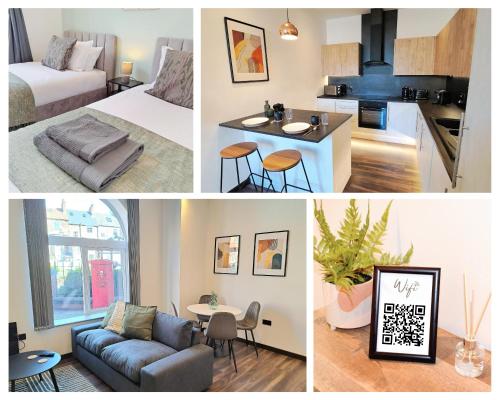 a collage of photos of a hotel room at Modern Bright 3 Bedroom Apartment In Converted Brewery With Secure Undercover Gated Parking in Hull