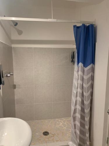 a bathroom with a shower with a sink and a toilet at Casablanca207 in Acapulco