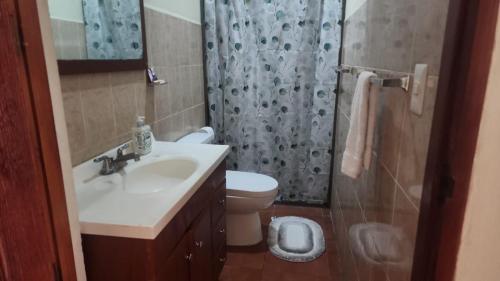 a bathroom with a sink and a toilet and a shower at Hotel Casona Macondo, Granada, Nicaragua in Granada