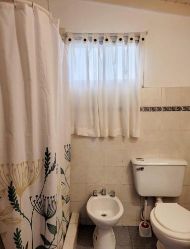 a bathroom with a toilet and a shower curtain at El Canto de la Ballena Loft 1 in Puerto Pirámides
