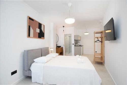 a white bedroom with a bed and a tv at Oporto Charming Studio Gaia in Vila Nova de Gaia