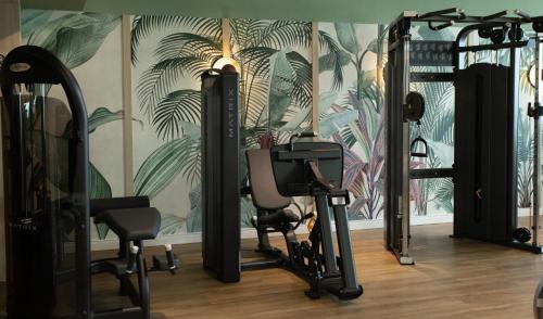 a gym with exercise equipment in front of a mural at Grand Mercure Rio de Janeiro Copacabana in Rio de Janeiro