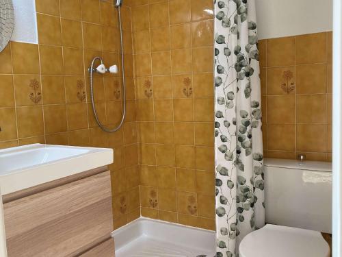 une salle de bain avec une douche, des toilettes et un lavabo dans l'établissement Studio agréable avec parking privatif et Wi-Fi à Balaruc-les-Bains - FR-1-553-273, à Balaruc-les-Bains