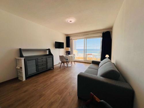 un salon avec un canapé et une télévision dans l'établissement Studio rénové 30m² à Quiberon avec balcon et parking - FR-1-478-289, à Quiberon